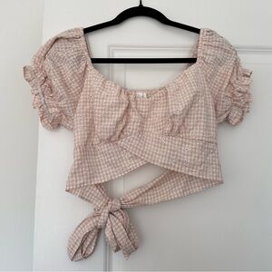 Mable (L) Cream + White Neutral Gingham Puff Sleeve Crop Top- Tie Back, Smocked